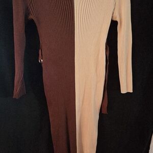 Fashion Nova Burgundy and Beige Long Sleeve Dress